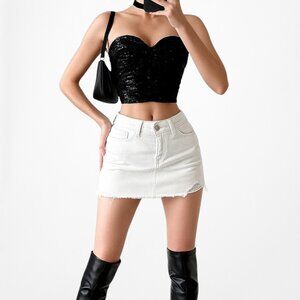 Vintage Y2K Black Sequin Sweetheart Neckline Strapless Tube Crop Top Size S